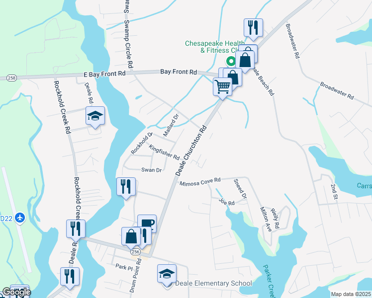map of restaurants, bars, coffee shops, grocery stores, and more near 5870 Deale Churchton Road in Deale