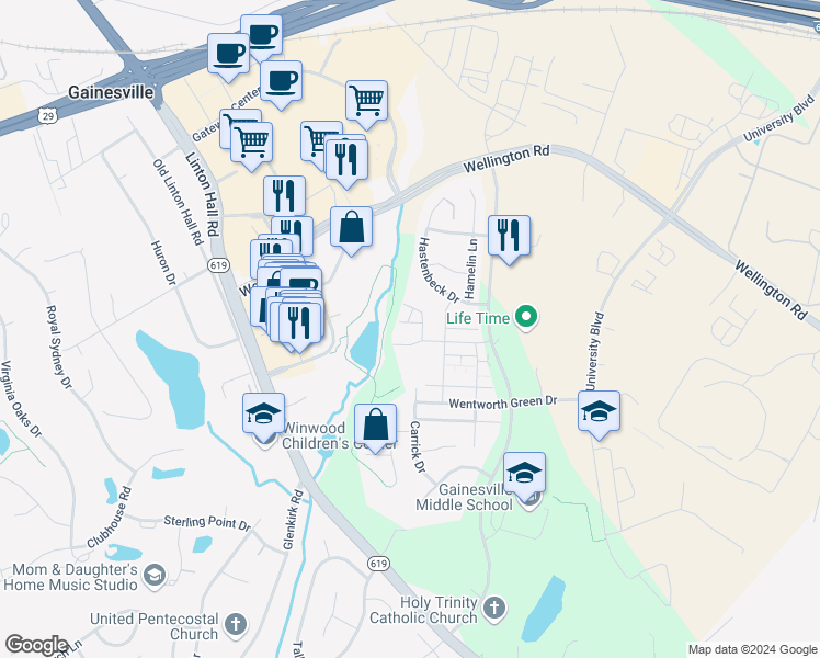 map of restaurants, bars, coffee shops, grocery stores, and more near 7701 Milton Circle in Gainesville