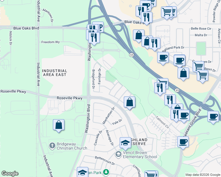 map of restaurants, bars, coffee shops, grocery stores, and more near 678 Cordovan Drive in Roseville