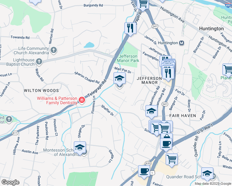 map of restaurants, bars, coffee shops, grocery stores, and more near 3110 Madison Hill Court in Alexandria