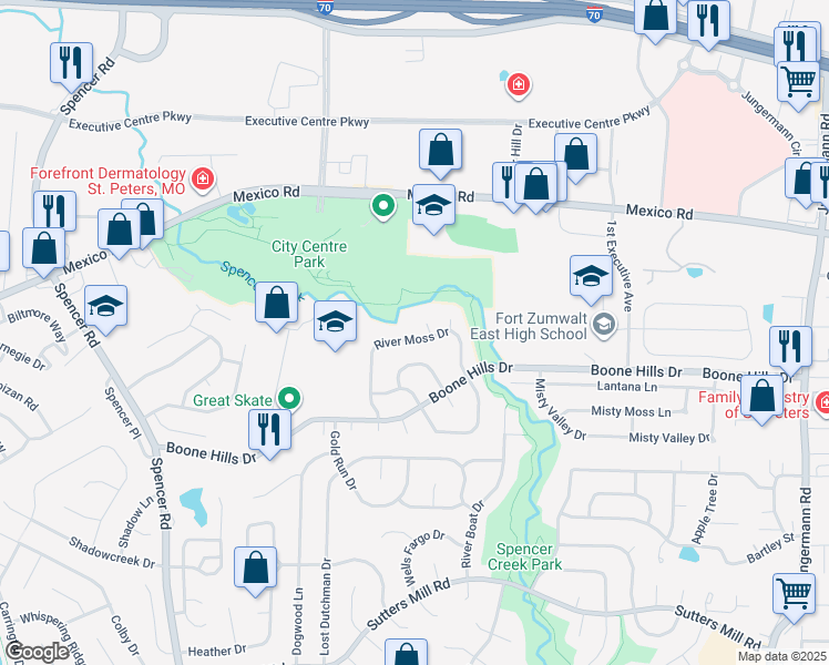 map of restaurants, bars, coffee shops, grocery stores, and more near 637 River Moss Drive in St. Peters
