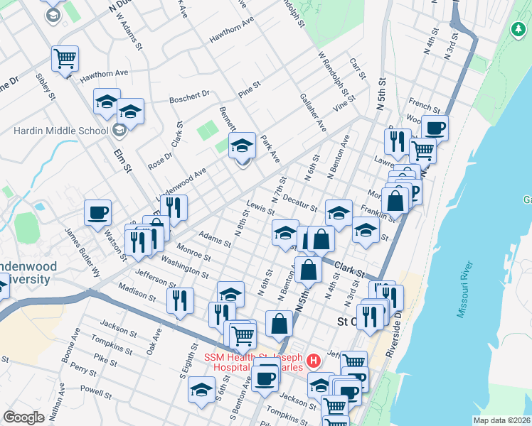 map of restaurants, bars, coffee shops, grocery stores, and more near 533 North 7th Street in Saint Charles