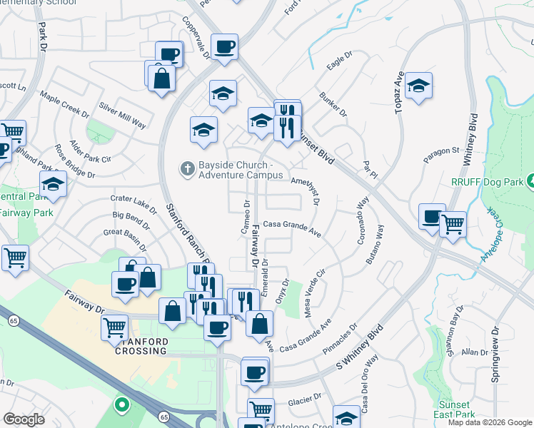 map of restaurants, bars, coffee shops, grocery stores, and more near 3751 Aurora Loop in Rocklin