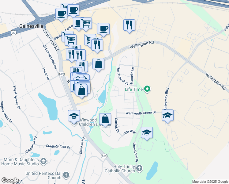 map of restaurants, bars, coffee shops, grocery stores, and more near 7701 Milton Circle in Gainesville