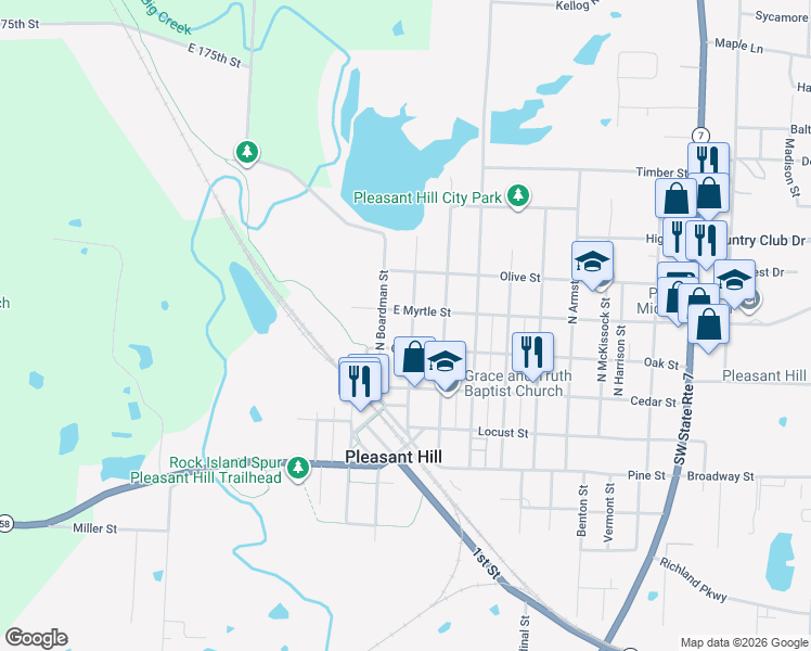 map of restaurants, bars, coffee shops, grocery stores, and more near 217 North Lake Street in Pleasant Hill