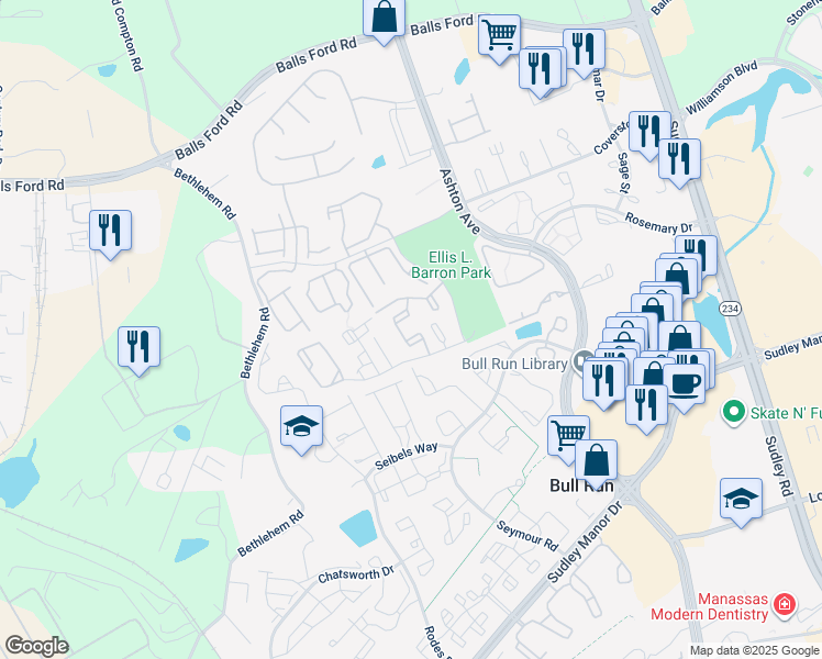 map of restaurants, bars, coffee shops, grocery stores, and more near 11161 Stagestone Way in Manassas