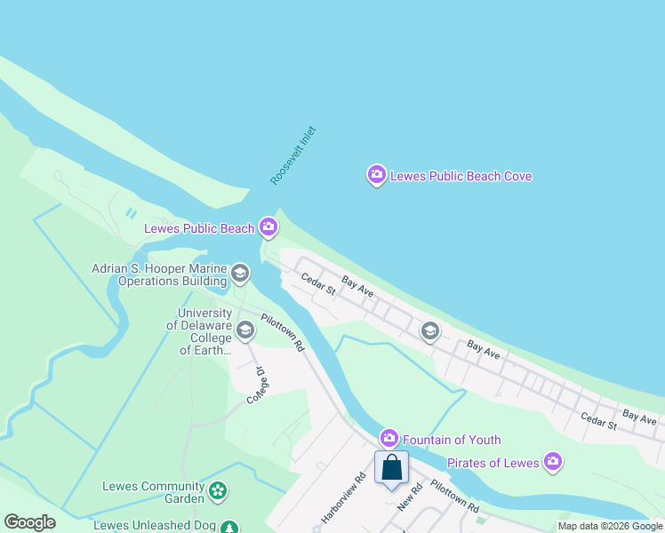 map of restaurants, bars, coffee shops, grocery stores, and more near 2400 Bay Avenue in Lewes