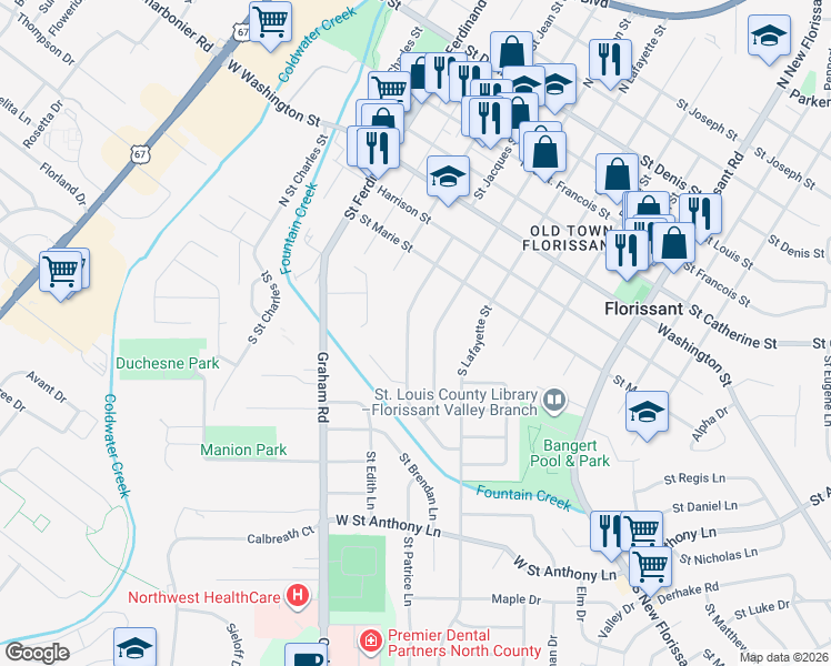 map of restaurants, bars, coffee shops, grocery stores, and more near 240 South Saint Jacques Street in Florissant