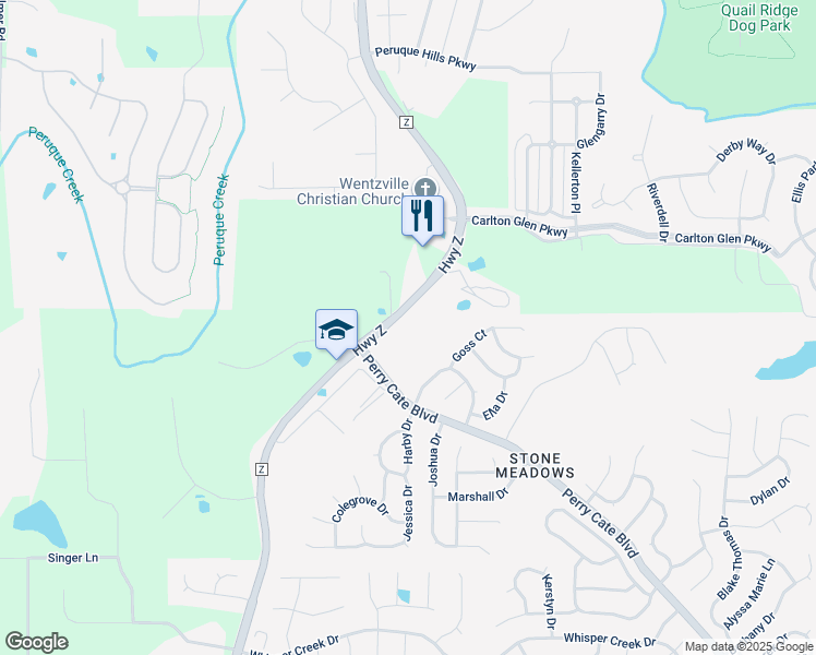 map of restaurants, bars, coffee shops, grocery stores, and more near 110 Perry Cate Boulevard in Wentzville