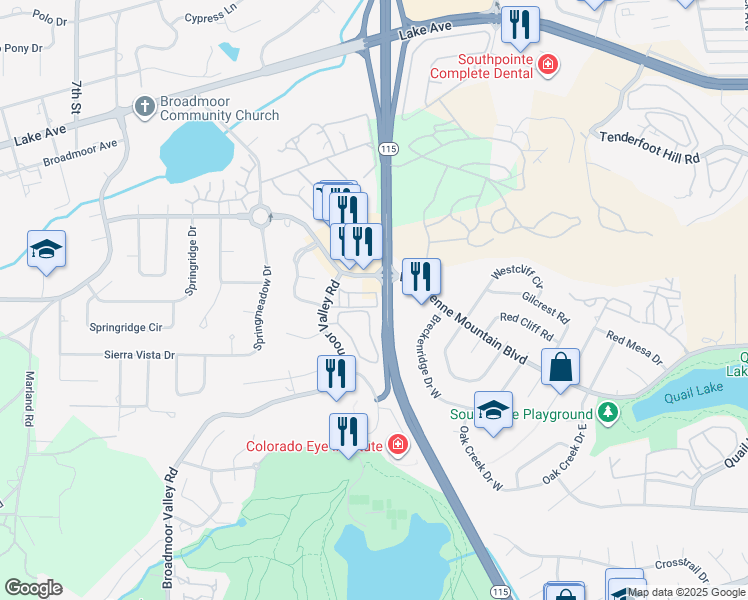 map of restaurants, bars, coffee shops, grocery stores, and more near 2997 Broadmoor Valley Road in Colorado Springs