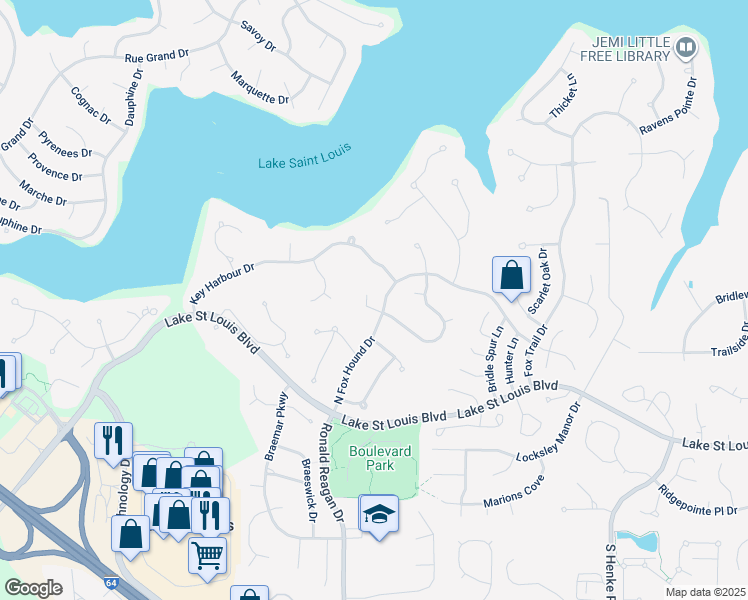 map of restaurants, bars, coffee shops, grocery stores, and more near 100 Woodland Estates Court in Lake Saint Louis