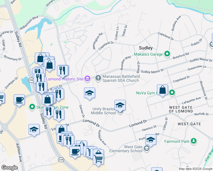 map of restaurants, bars, coffee shops, grocery stores, and more near 7838 Brookview Court in Manassas