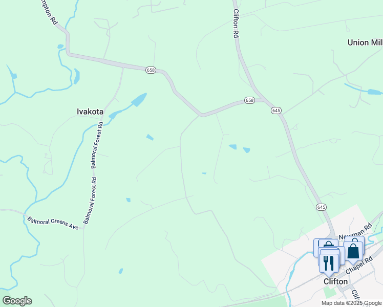 map of restaurants, bars, coffee shops, grocery stores, and more near 13041 Ivakota Road in Clifton