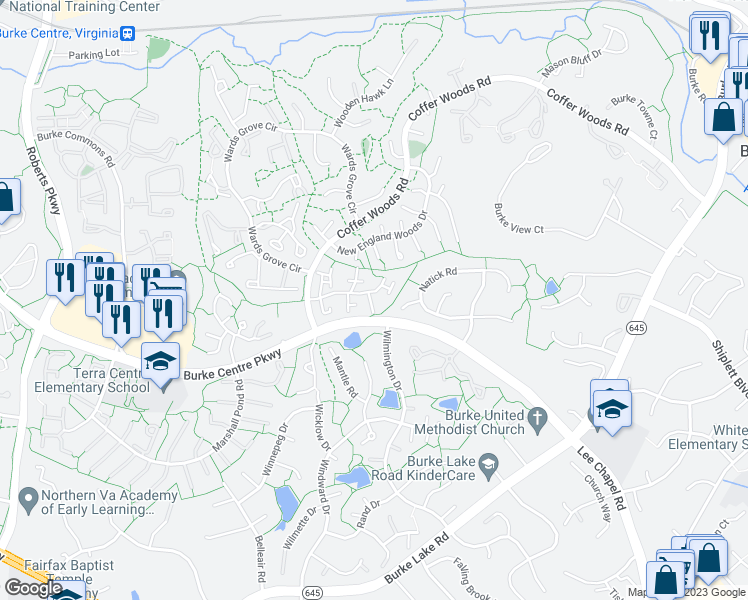 map of restaurants, bars, coffee shops, grocery stores, and more near 9921 Hemlock Woods Lane in Burke