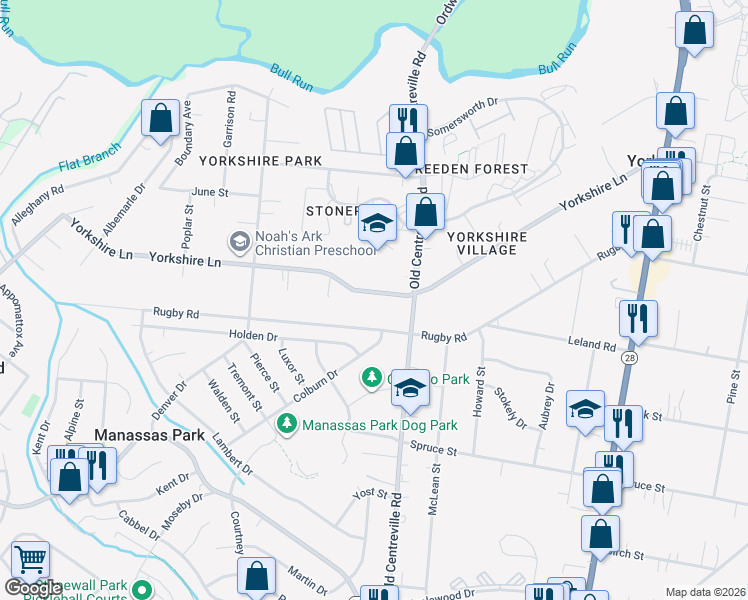 map of restaurants, bars, coffee shops, grocery stores, and more near 8709 Yorkshire Lane in Manassas
