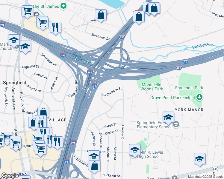 map of restaurants, bars, coffee shops, grocery stores, and more near 6610 Stagecoach Street in Springfield
