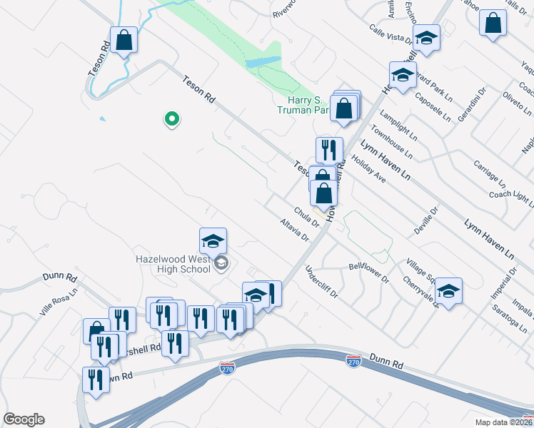 map of restaurants, bars, coffee shops, grocery stores, and more near 958 Altavia Drive in Hazelwood