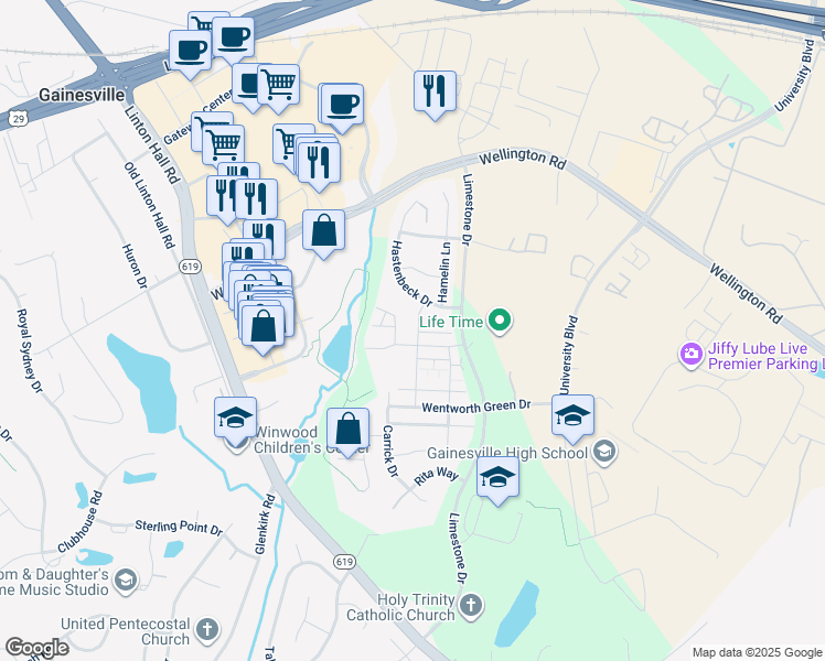map of restaurants, bars, coffee shops, grocery stores, and more near 7014 Darbey Knoll Drive in Gainesville