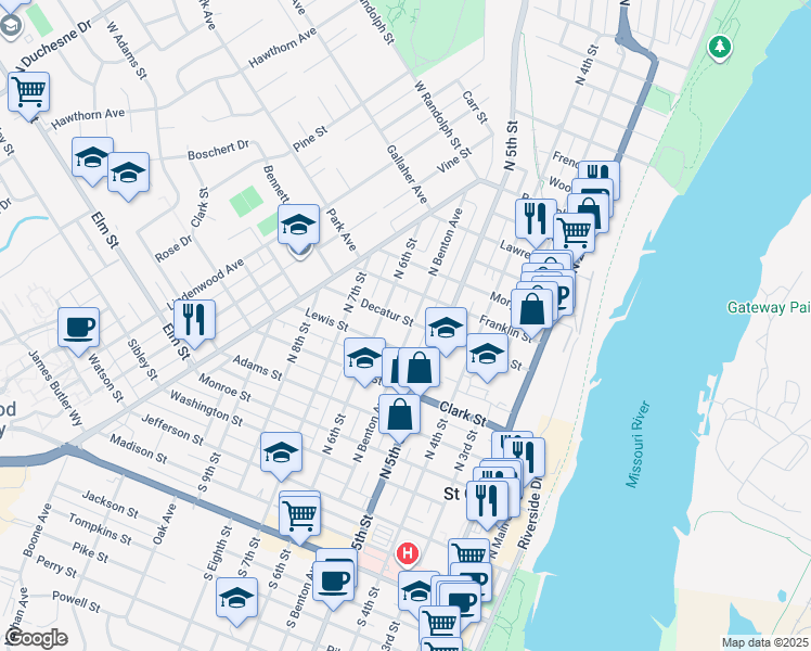 map of restaurants, bars, coffee shops, grocery stores, and more near 631 North Benton Avenue in Saint Charles