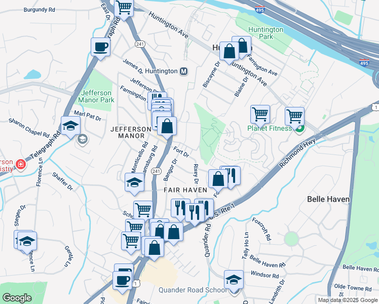 map of restaurants, bars, coffee shops, grocery stores, and more near 2425 Huntington Park Drive in Alexandria