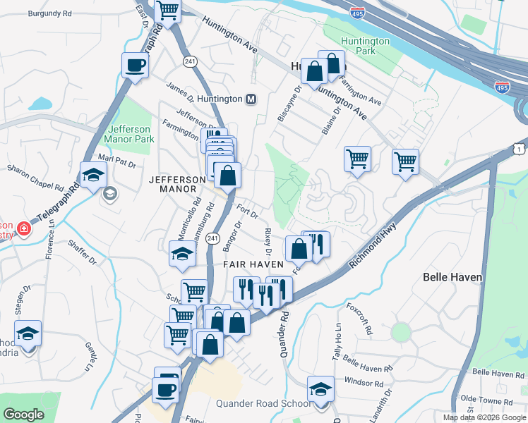 map of restaurants, bars, coffee shops, grocery stores, and more near 2411 Huntington Park Drive in Alexandria
