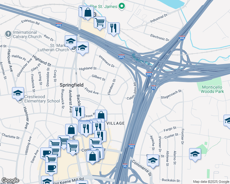 map of restaurants, bars, coffee shops, grocery stores, and more near 6820 Floyd Avenue in Springfield