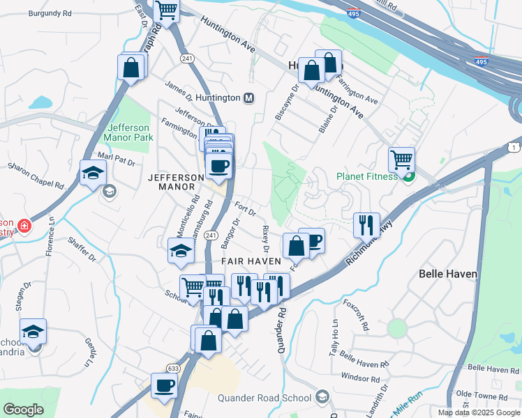map of restaurants, bars, coffee shops, grocery stores, and more near 2411 Huntington Park Drive in Alexandria