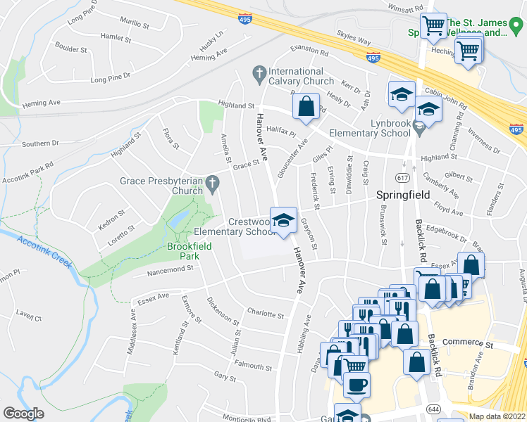map of restaurants, bars, coffee shops, grocery stores, and more near 7305 Floyd Avenue in Springfield