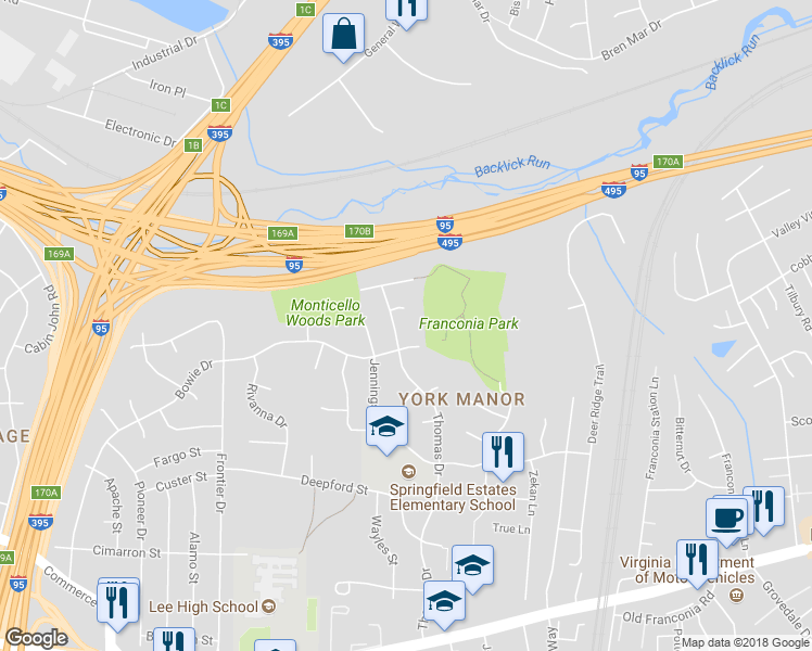 map of restaurants, bars, coffee shops, grocery stores, and more near 5941 Thomas Drive in Springfield