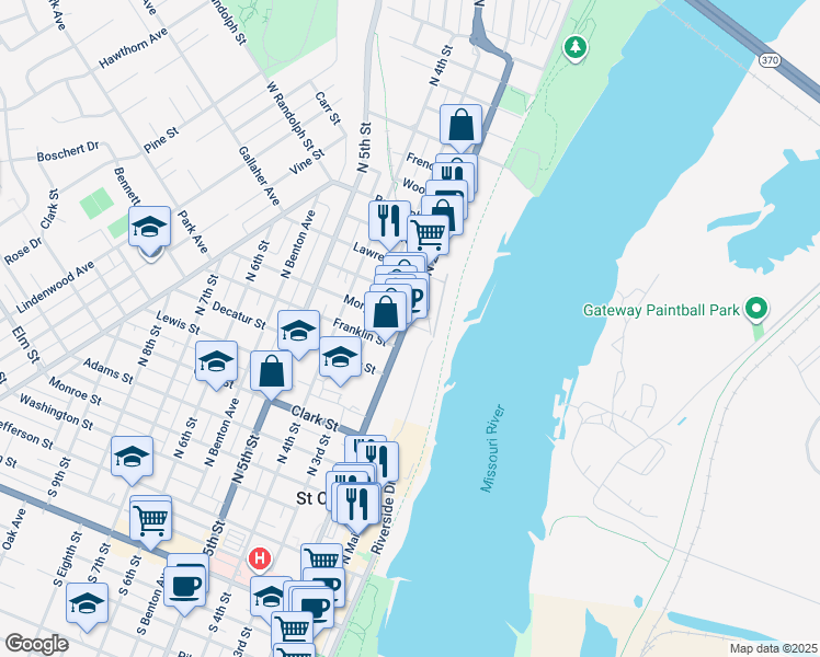 map of restaurants, bars, coffee shops, grocery stores, and more near 826 North 2nd Street in Saint Charles