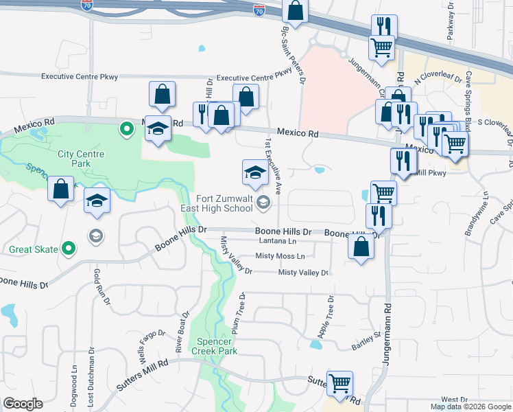 map of restaurants, bars, coffee shops, grocery stores, and more near 600 1st Executive Avenue in St. Peters