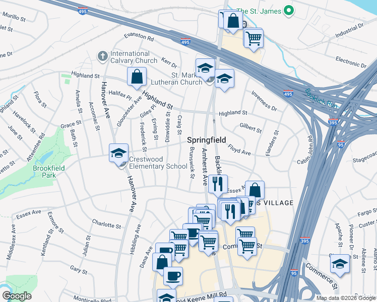 map of restaurants, bars, coffee shops, grocery stores, and more near 6004 Brunswick Street in Springfield