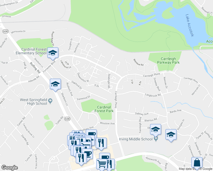 map of restaurants, bars, coffee shops, grocery stores, and more near 5970 Seabright Road in West Springfield
