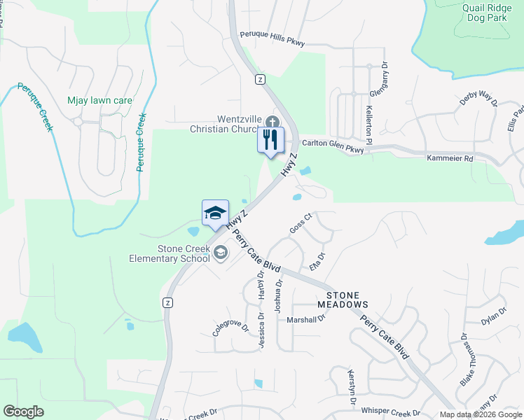 map of restaurants, bars, coffee shops, grocery stores, and more near 110 Perry Cate Boulevard in Wentzville