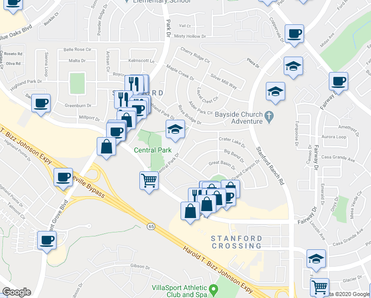 map of restaurants, bars, coffee shops, grocery stores, and more near 6296 Crater Lake Drive in Roseville