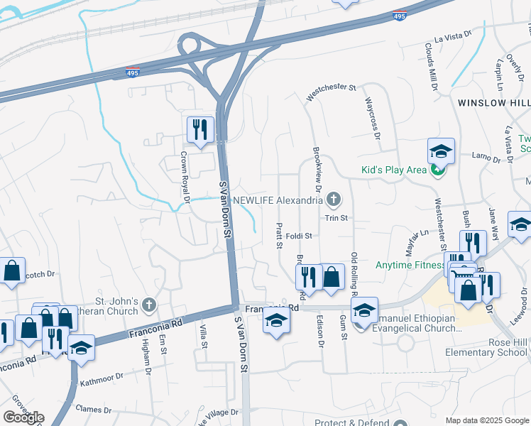 map of restaurants, bars, coffee shops, grocery stores, and more near 5947 Woodfield Estates Drive in Alexandria