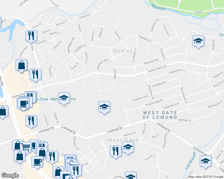 map of restaurants, bars, coffee shops, grocery stores, and more near 7623 Bland Drive in Manassas