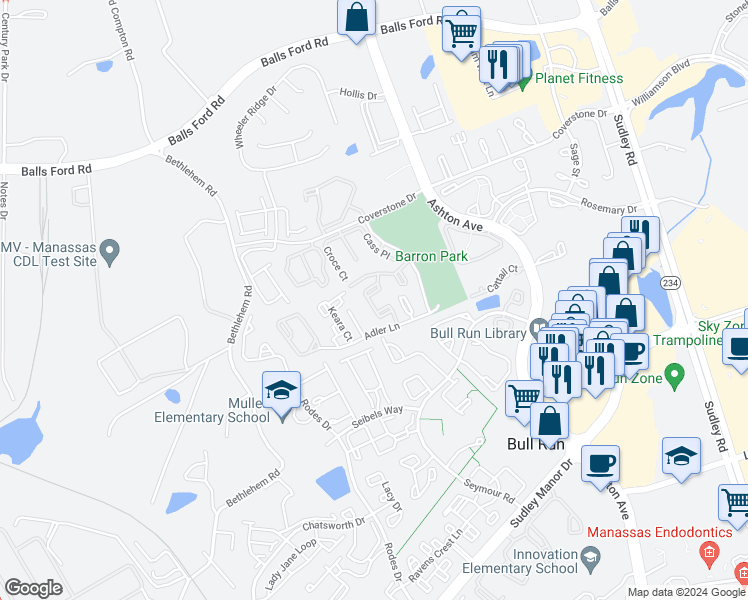 map of restaurants, bars, coffee shops, grocery stores, and more near 11125 Stagestone Way in Manassas