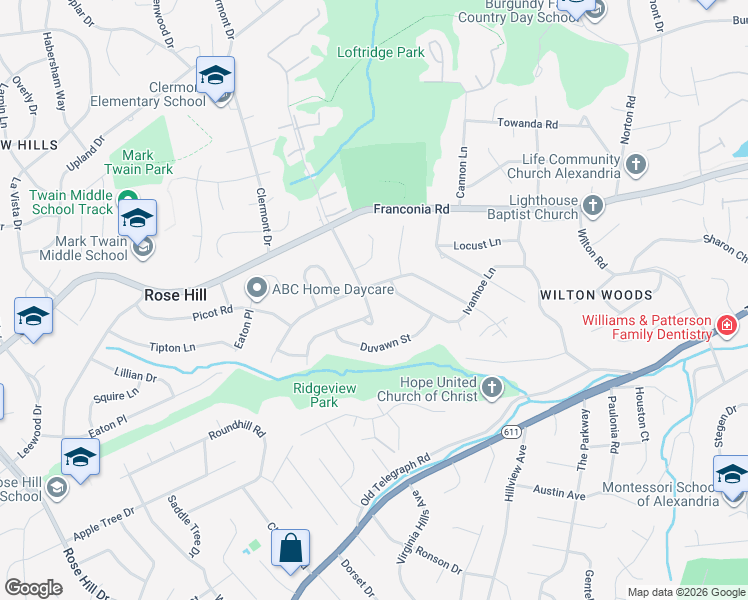 map of restaurants, bars, coffee shops, grocery stores, and more near 5921 Ridge View Drive in Alexandria