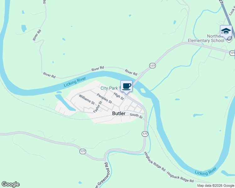 map of restaurants, bars, coffee shops, grocery stores, and more near 111 High Street in Butler