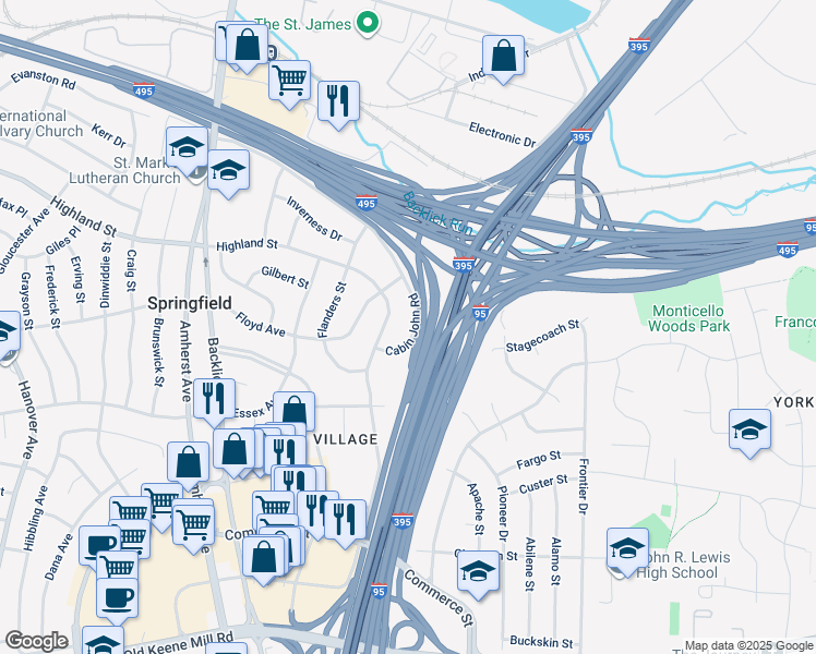 map of restaurants, bars, coffee shops, grocery stores, and more near 6709 Cabin John Road in Springfield