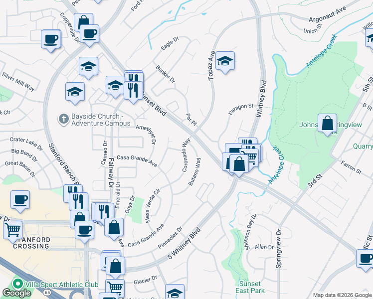map of restaurants, bars, coffee shops, grocery stores, and more near 5467 Coronado Way in Rocklin