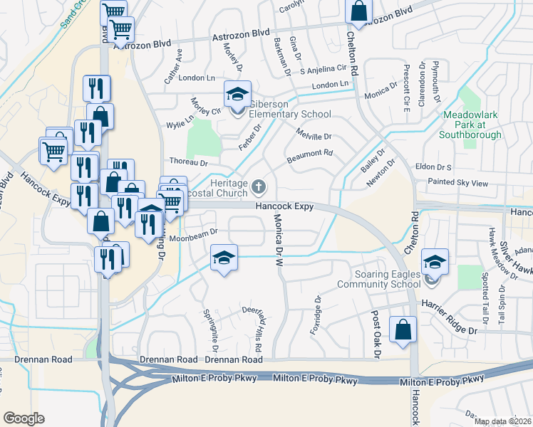 map of restaurants, bars, coffee shops, grocery stores, and more near 3028 Moonbeam Circle North in Colorado Springs