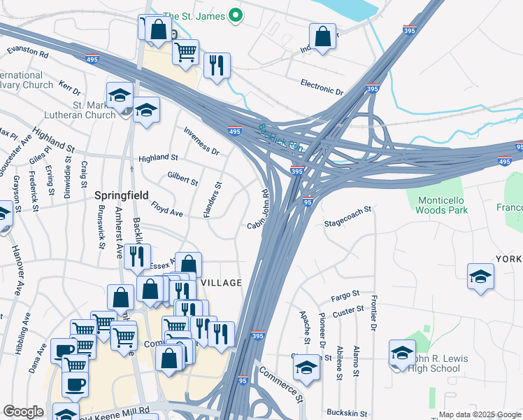 map of restaurants, bars, coffee shops, grocery stores, and more near 6709 Cabin John Road in Springfield