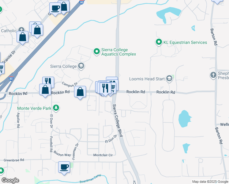 map of restaurants, bars, coffee shops, grocery stores, and more near Sierra College Blvd & Rocklin Rd in Rocklin
