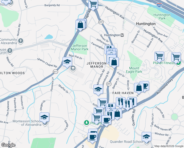 map of restaurants, bars, coffee shops, grocery stores, and more near 5929 Edgehill Court in Alexandria