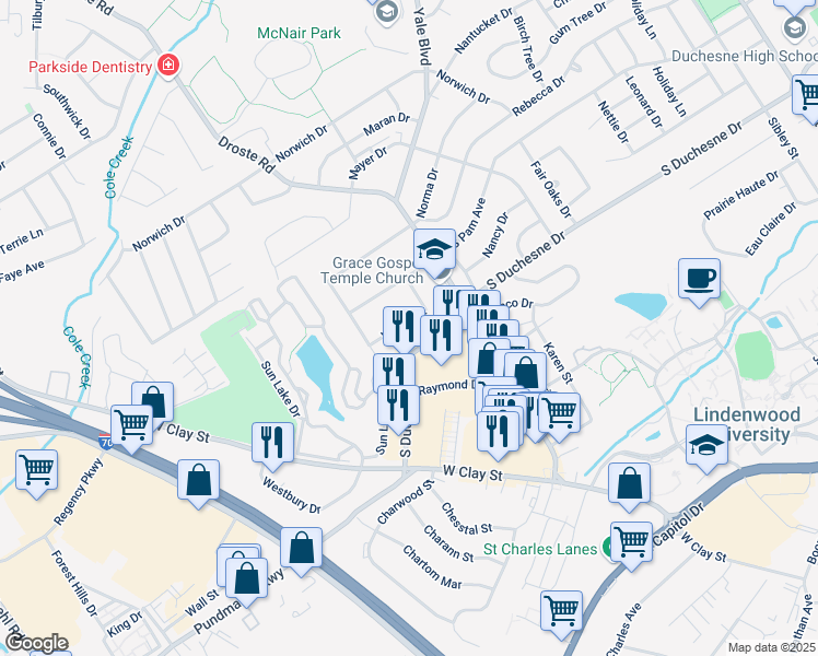 map of restaurants, bars, coffee shops, grocery stores, and more near 10 Wayne Street in Saint Charles