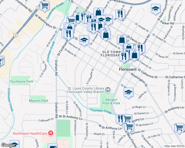 map of restaurants, bars, coffee shops, grocery stores, and more near 130 South Lafayette Street in Florissant