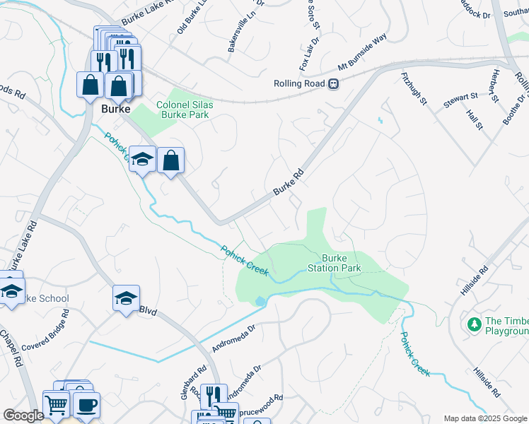 map of restaurants, bars, coffee shops, grocery stores, and more near 9213 Burke Road in Burke