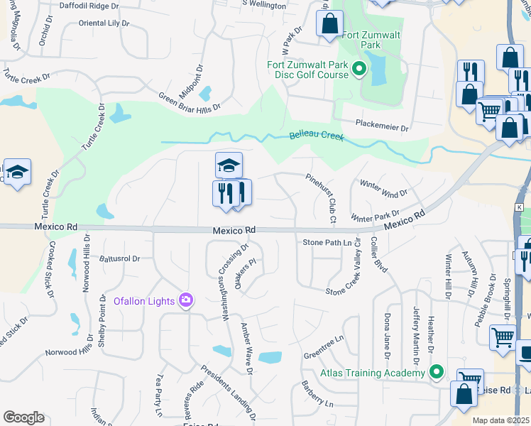 map of restaurants, bars, coffee shops, grocery stores, and more near 1120 Rock Creek Elementary School Drive in O'Fallon